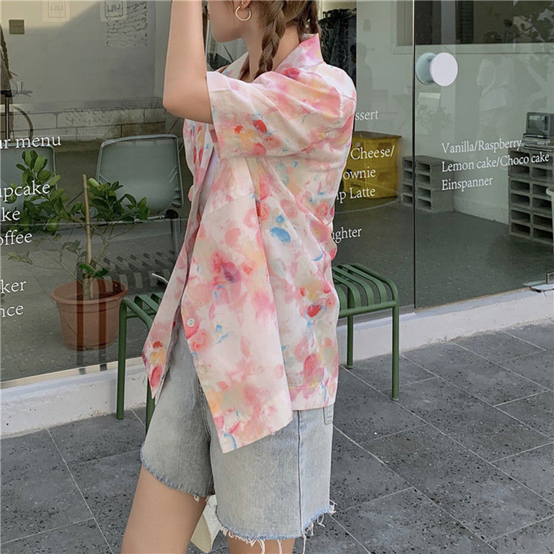 IELGY Áo Sơ Mi Tay Ngắn Họa Tiết Hoa Retro Thời Trang Cho Nữ