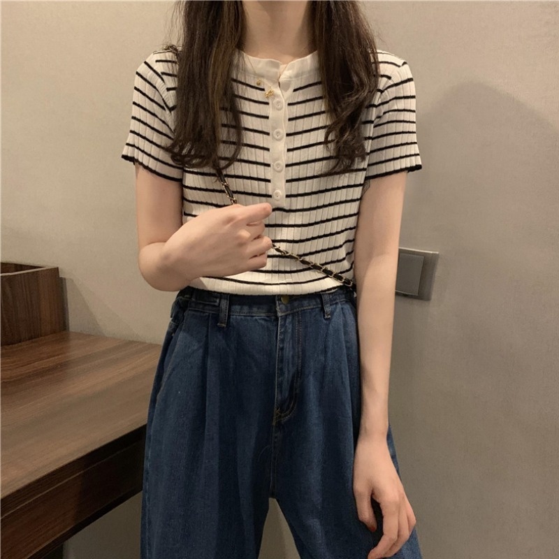 【Hana and Alice】Áo Dệt Kim Ngắn Tay Họa Tiết Kẻ Sọc Thời Trang