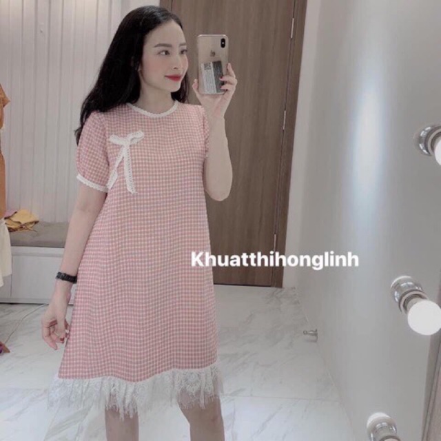 Váy đầm bầu kẻ sọc gấu viền ren