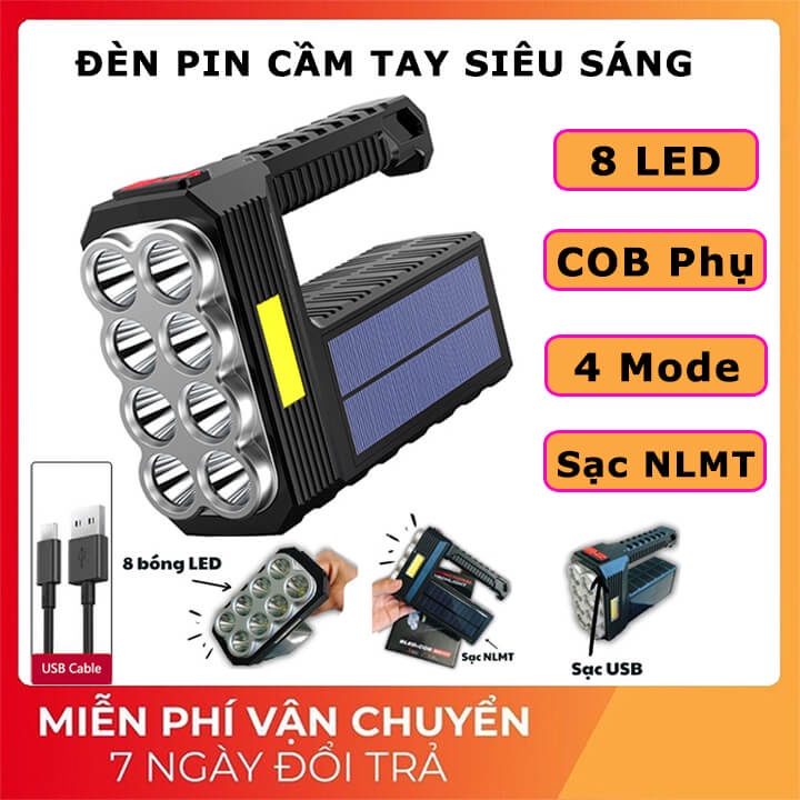 Đèn pin cầm tay siêu sáng 8 bóng chiếu xa 300m, đèn pin Led sạc tích điện năng lượng mặt trời 4 chế độ, có