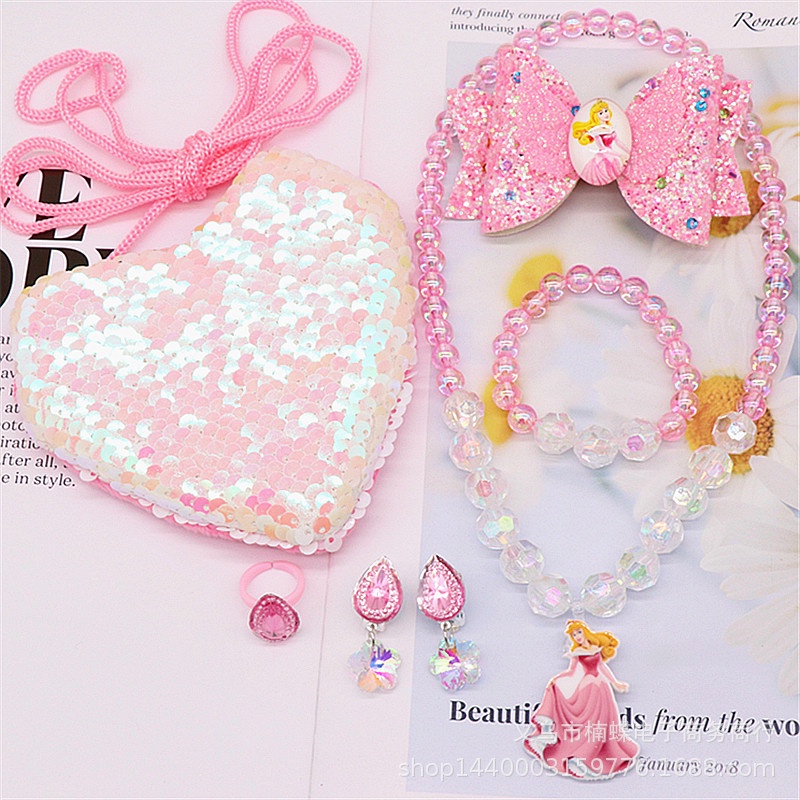 Set 6 món ví và đồ trang sức công chúa lấp lánh cho bé gái có hộp làm quà tặng cho bé 1-6 tuổi