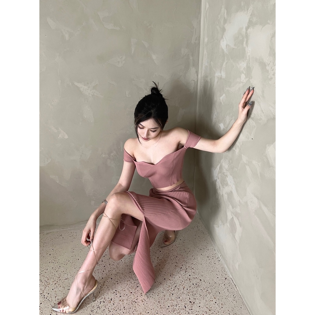 Bộ Áo Dệt Kim Cao Cấp Ôm Eo + Chân Váy Ngắn Màu Hồng Thuần Khiết Thời Trang Mùa Hè Cao Cấp Dành Cho Bạn Nữ