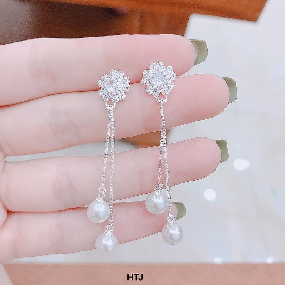 Bông tai nữ bạc thật mặt hoa đính đá dáng dài trẻ trung sang trọng - Kho sỉ bạc Nhất Linh