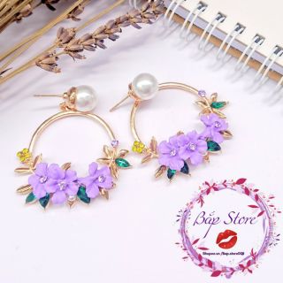 Bông tai mạ vàng đính đá và hoa màu tím siêu xinh siêu sang