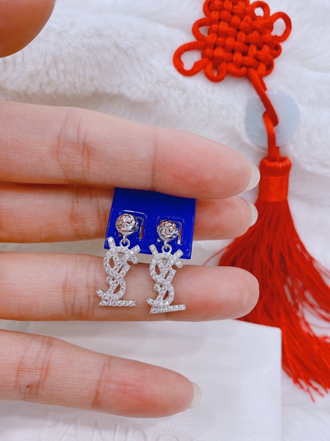 Khuyên tai móc treo đá 9-10ly nhân tạo viền đá nhỏ bạc thật mạ vàng trắng cao cấp sắc nét