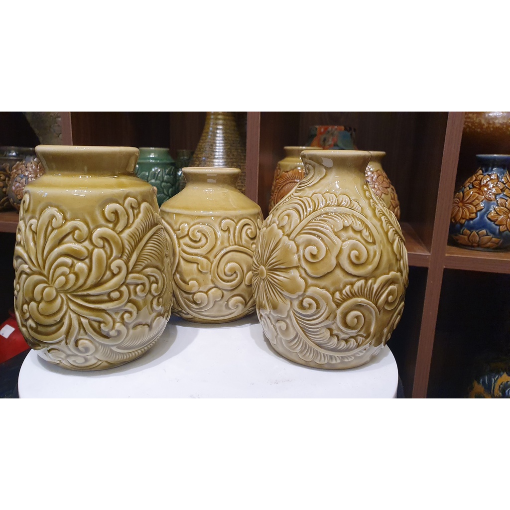 Bình gốm Bát Tràng, set 3 bình mini khắc hoa, trang trí nhà cửa