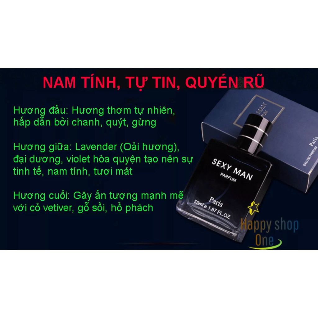 Nước Hoa Nam Mini Chính Hãng Sexy Man Thơm Lâu Nam Tính, Mạnh Mẽ, Hương Thơm Nhẹ Nhàng, Quyến Rũ, Thể Tích 55ml