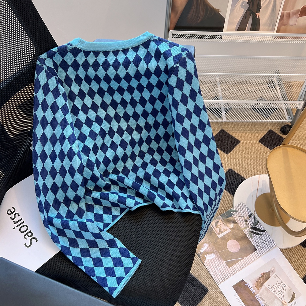 Rhomb Áo sweater Dệt Kim Tay Dài Dáng Ngắn Thời Trang Mùa Thu Cho Nữ