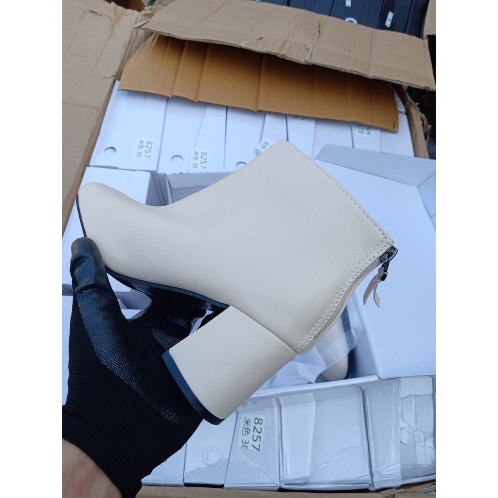 Bốt Nữ Hàn Quốc Giày Boot Nữ Công Sở Gót Vuông 7 phân Khóa Sau Da Sần và Da Lì (Dây dài)