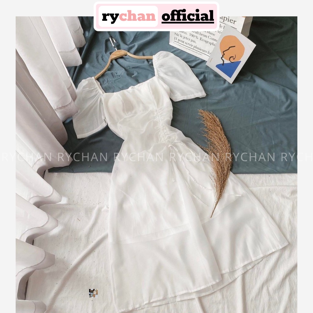 Đầm Xòe Midi Trắng Cổ Tim Rút Sườn Có Lót Trong [Ảnh Thật Cuối] - DX0071
