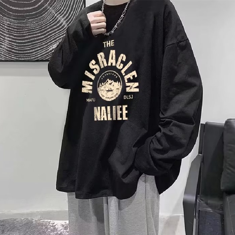 Áo Thun Tay Dài Cổ Tròn Dáng Rộng In Chữ Phong Cách Hip Hop Nhật Bản Thời Trang Cho Nam Giới Size M-5XL