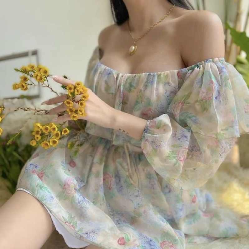 Đầm Hoa Màu Bẹt Vai Thắt Nơ🦋FREESHIP🦋