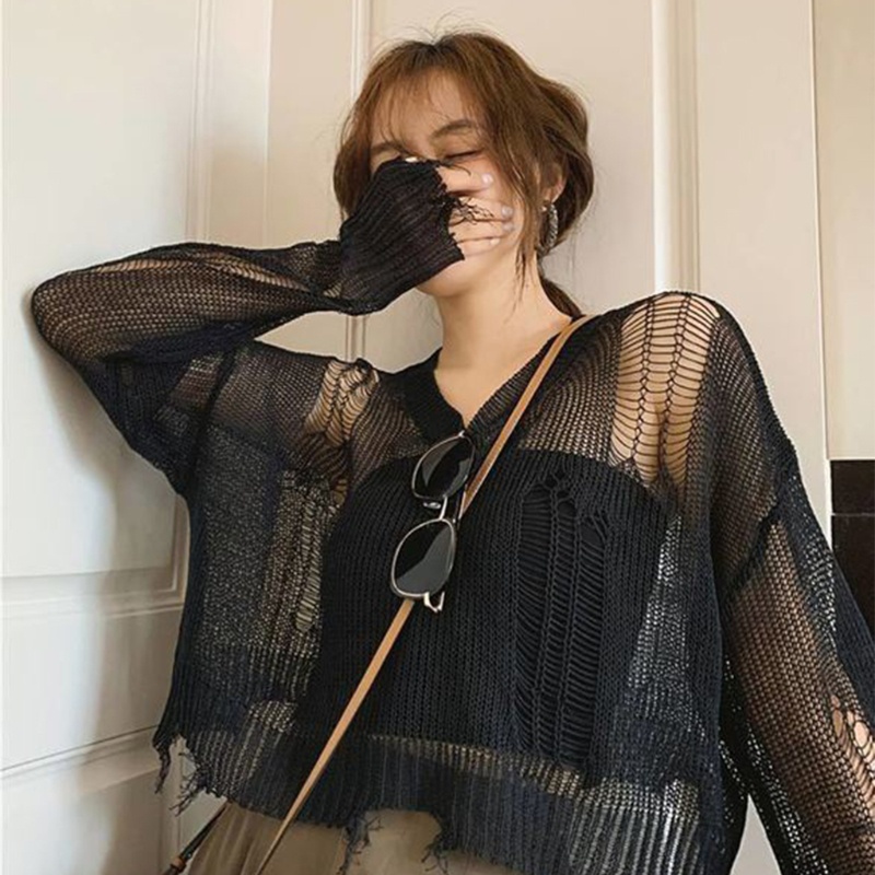 Áo Croptop Tay Dài Thiết Kế Rách Phong Cách Gothic