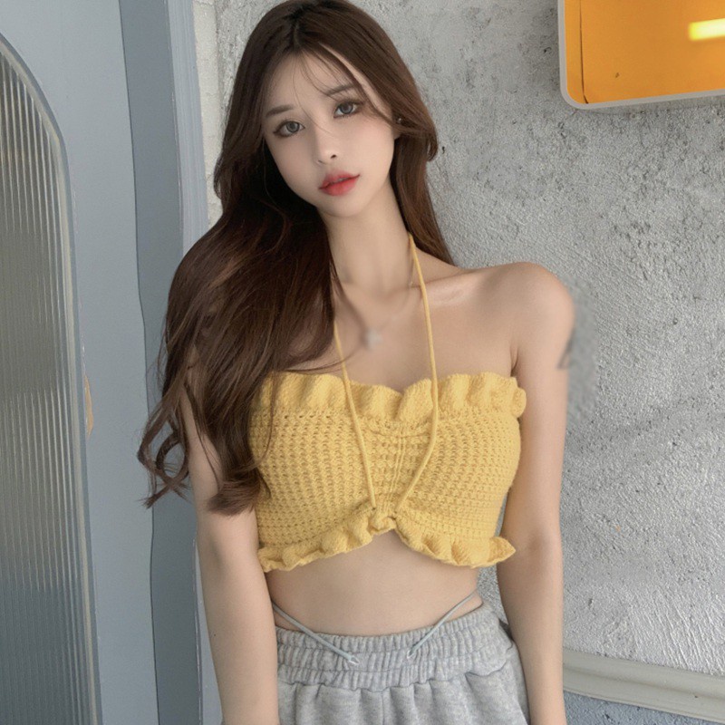Áo Croptop Dệt Kim Màu Sắc Trơn Phối Dây Rút Gợi Cảm Dành Cho Nữ