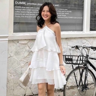 V029 Váy yếm buộc cổ trắng 3 tầng hở vai xinh xắn Đầm nữ xòe lụa hè thu điệu nữ tính bánh bèo tiểu thư công chúa Ulzzang