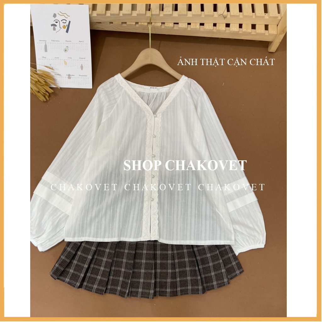 Áo sơ mi nữ dài tay form rộng CKA871, áo kiểu nữ đẹp cổ V tay bồng dáng babydoll cúc ngọc viền ren mặc đi làm đi học | BigBuy360 - bigbuy360.vn