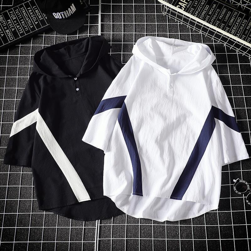 Áo Hoodie Ngắn Tay Dáng Rộng Cỡ Lớn Màu Sắc Tương Phản Cá Tính Cho Nam