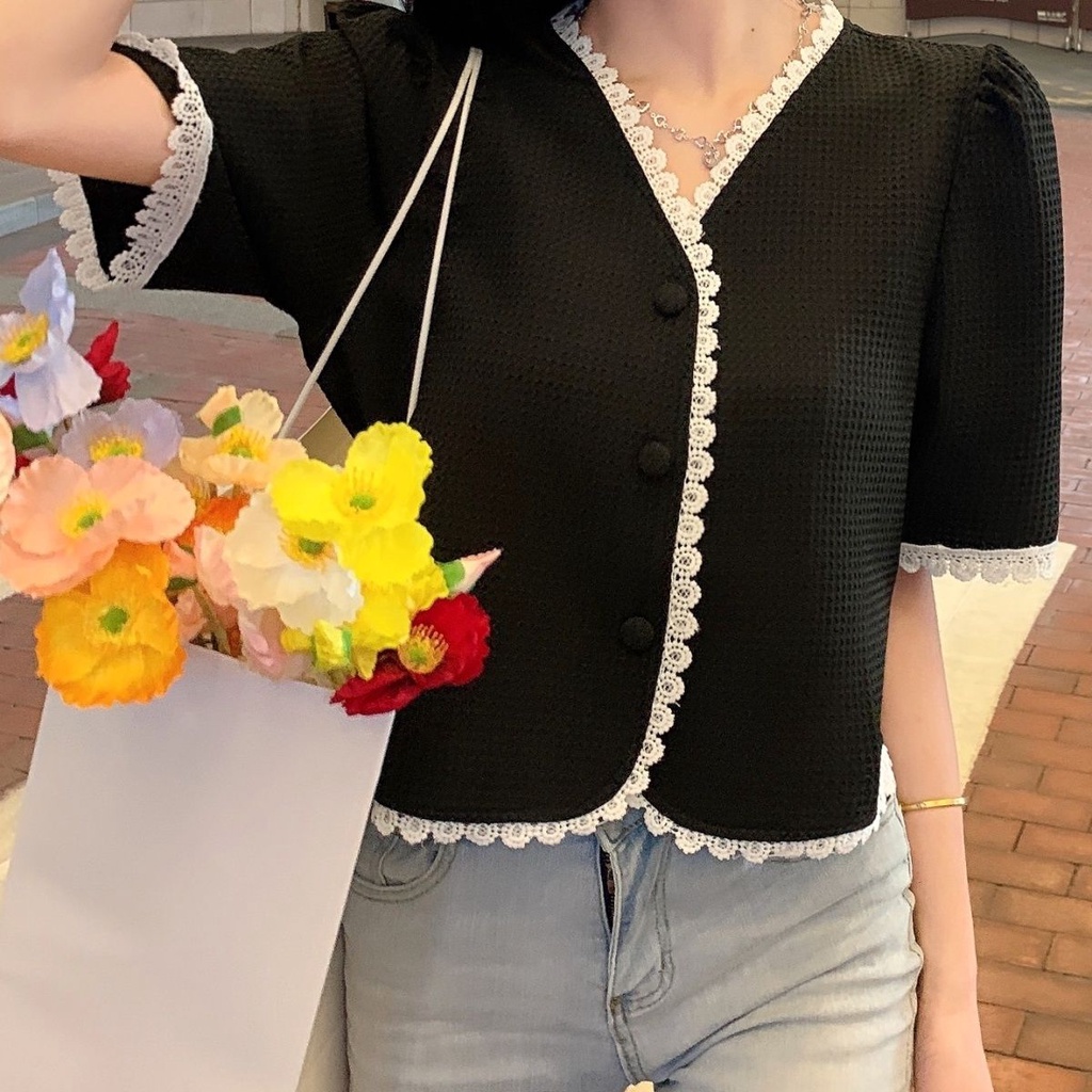 Áo Kiểu Cổ Chữ V Tay Ngắn Thời Trang Xuân Hè Phong Cách Pháp 2022 Mới Cho Nữ