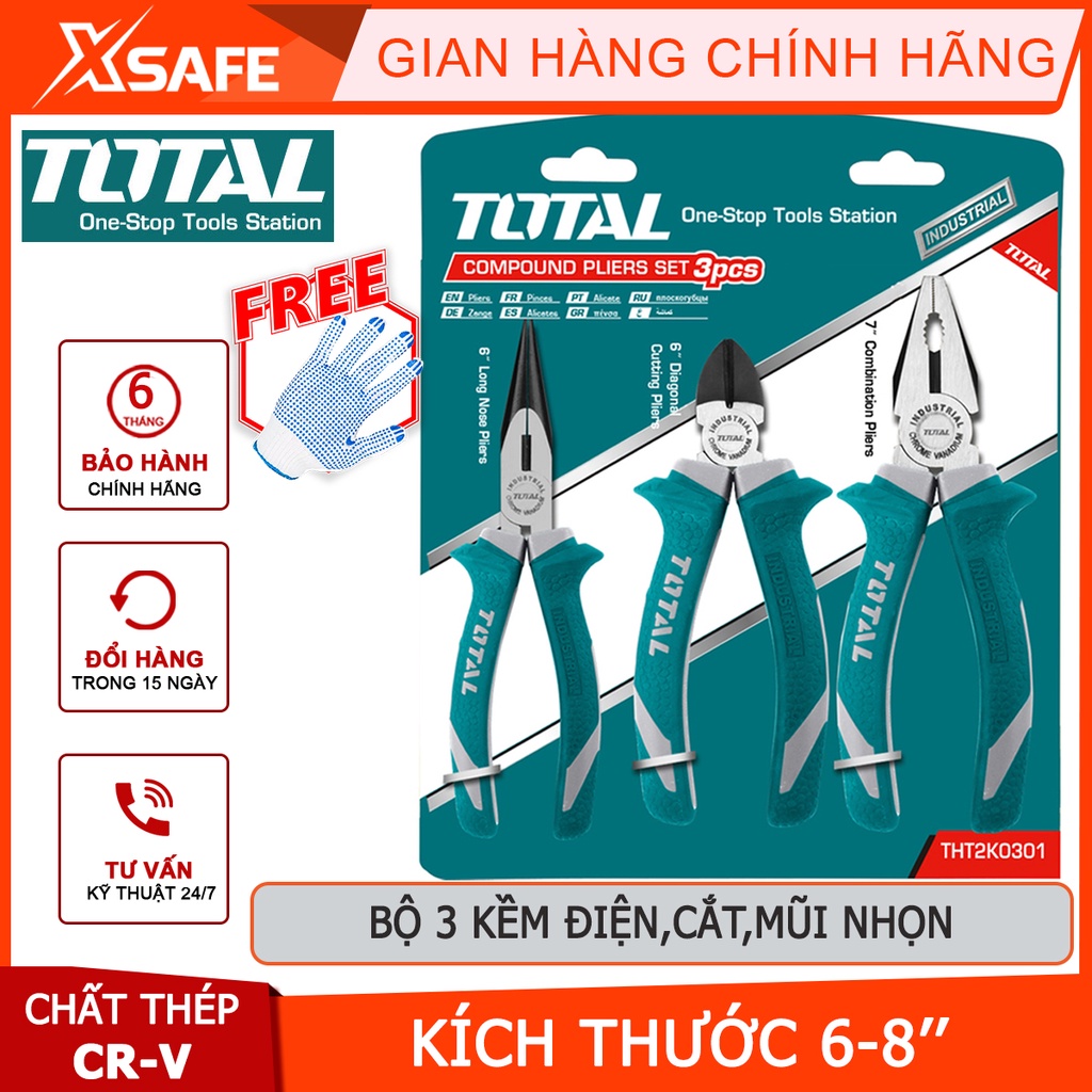 Bộ 3 kềm răng, cắt và nhọn TOTAL THT2K0301 Bộ kìm răng, kìm cắt và kìm nhọn 3 chi tiết, chất liệu thép CR-V, đen bóng