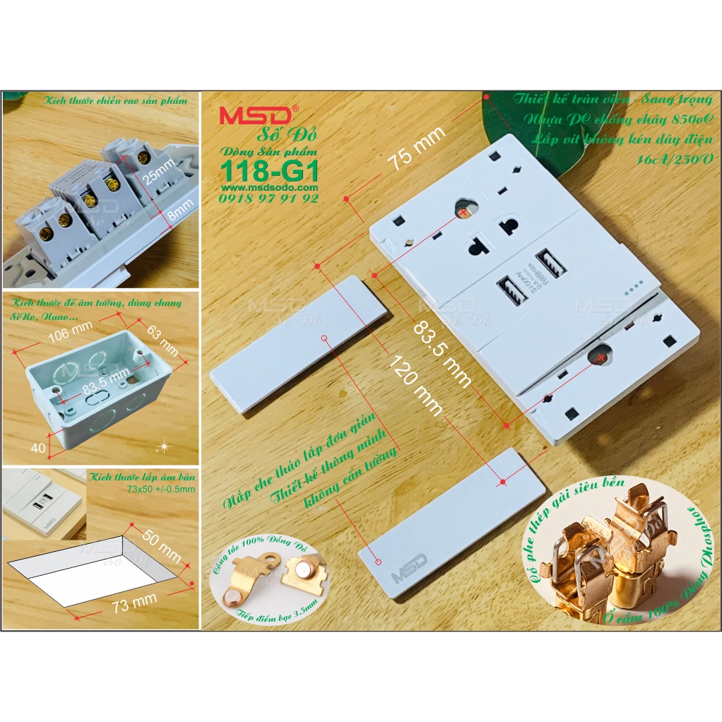 SẠC ĐIỆN THOẠI ÂM TƯỜNG 2 USB 2.1A/5VDC + 2 Ổ CẮM 2 CHẤU 16A/220V - SERIAL 118G1
