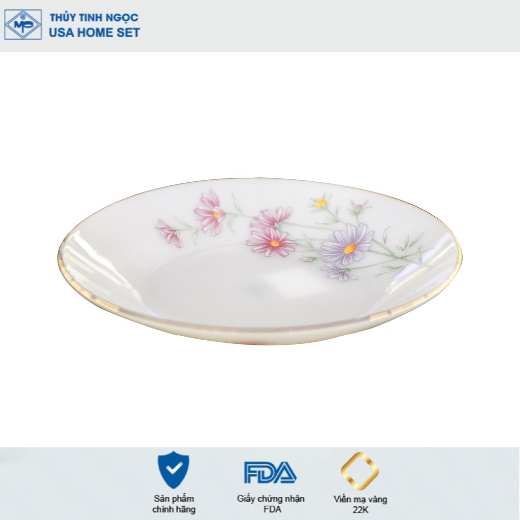 Đĩa tròn sâu viền vàng 22K họa tiết hoa màu hồng Thủy Tinh Ngọc USA Homeset cao cấp nhập khẩu chính hãng