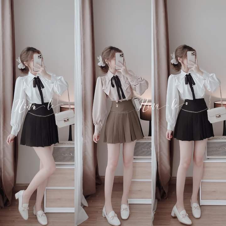 Áo kiểu nữ đẹp tay dài tiểu thư bánh bèo hàn quốc màu trắng cổ thắt nơ dáng sơ mi tay phồng sexy mã SA85 HOASUMO