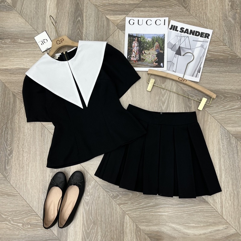Set áo peplum cổ trắng mix chân váy xoè đen chuẩn QP closet (sẵn)