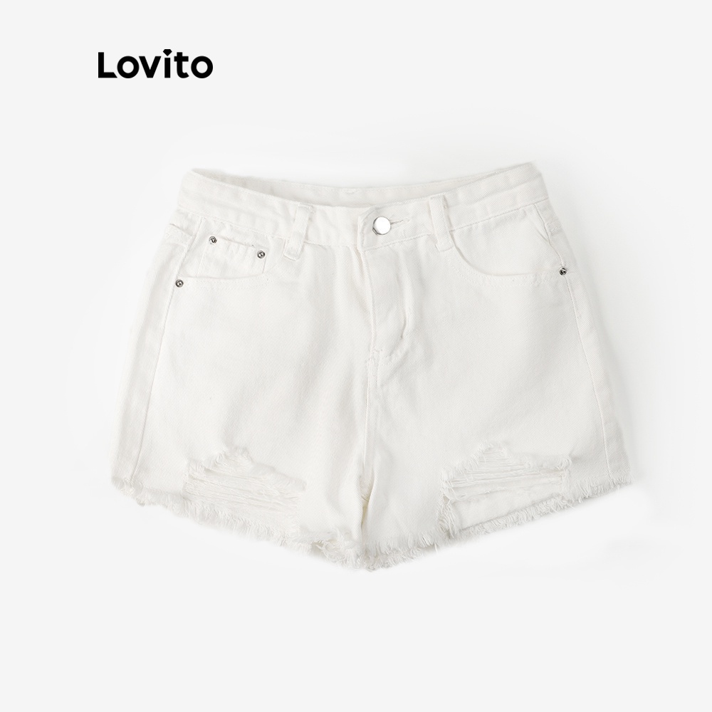 Quần short Lovito màu trơn lưng cao viền thô khoét lỗ L02068 (Light Blue/White/black) | BigBuy360 - bigbuy360.vn