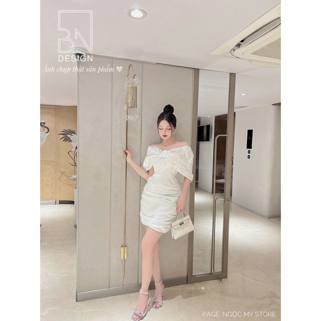 Đầm body lụa nơ bản to trễ vai