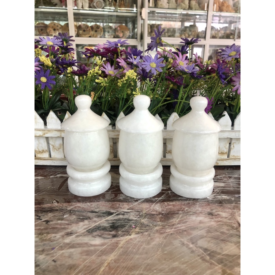 Bộ 3 hũ đựng muối, gạo, nước thờ cúng đặt bàn thờ ông địa thần tài đá trắng