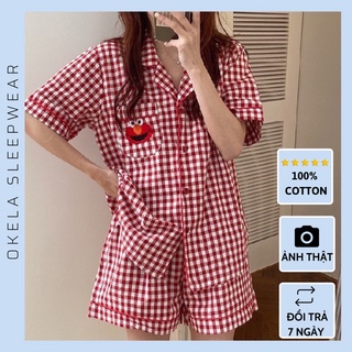 Bộ đồ ngủ nữ đùi tay ngắn caro đỏ đen style Ulzang Hàn Quốc