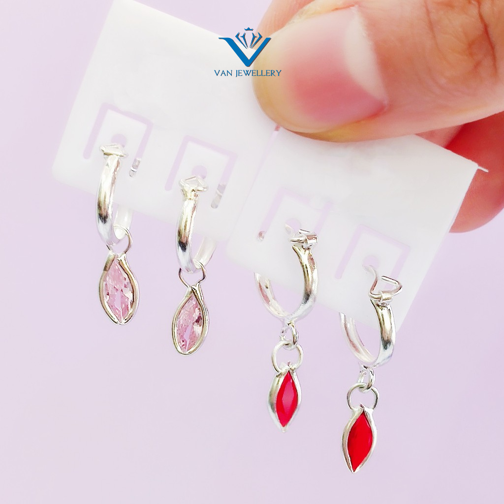 Bông tai bạc nạm đá hình giọt nước nhỏ bạc ta cho bé Van Jewelry V10515