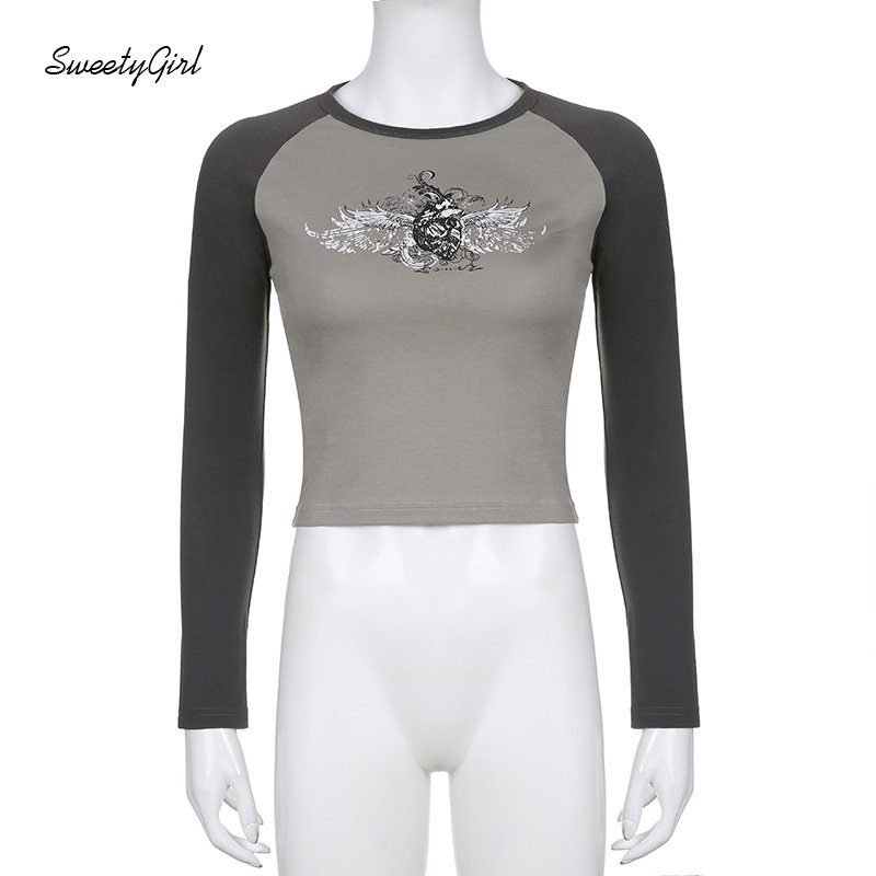 Áo Thun Tay Dài Cổ Tròn Phối Màu Tương Phản Thời Trang 2022 Y2k