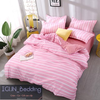 set HỒNG NGANG KẺ bộ Chăn Ga Gối 4 món Poly cotton HÀN QUỐC 100%