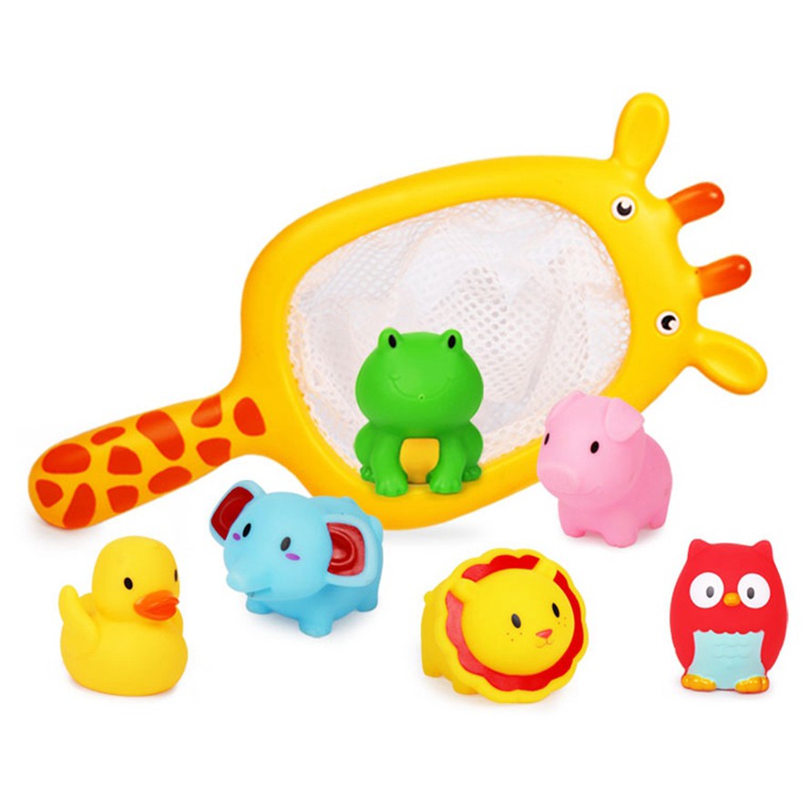 Đồ Chơi Nhà Tắm Bộ 7 thú thả bồn tắm bóp phun nước kèm vợt Nhiều Màu- keo mềm