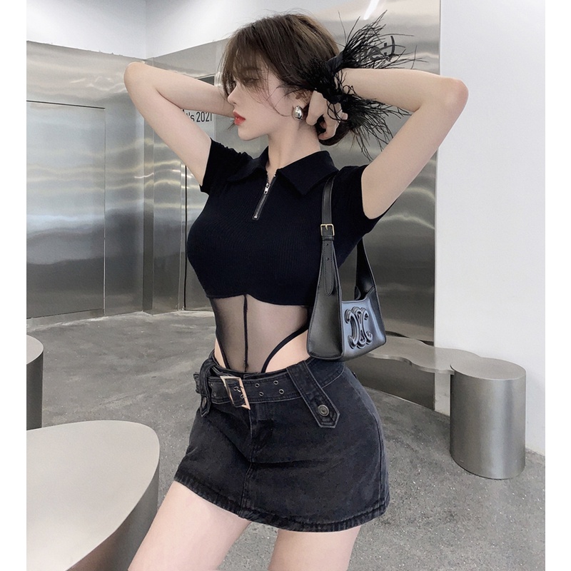 HUANG YOYO Áo Thun Cổ POLO Phối Lưới Thời Trang Dành Cho Nữ croptop