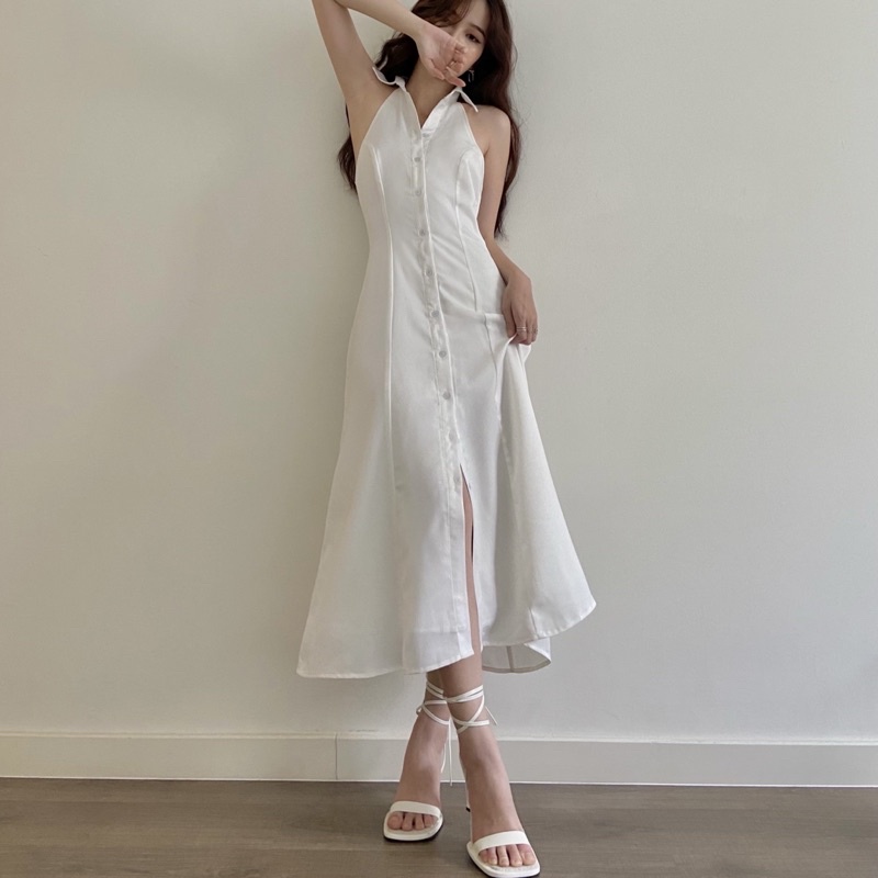 Đầm sơ mi LAMUSE thiết kế dáng dài cộc tay chất satin nhung mềm mịn (Sleeveless Shirt Dress)