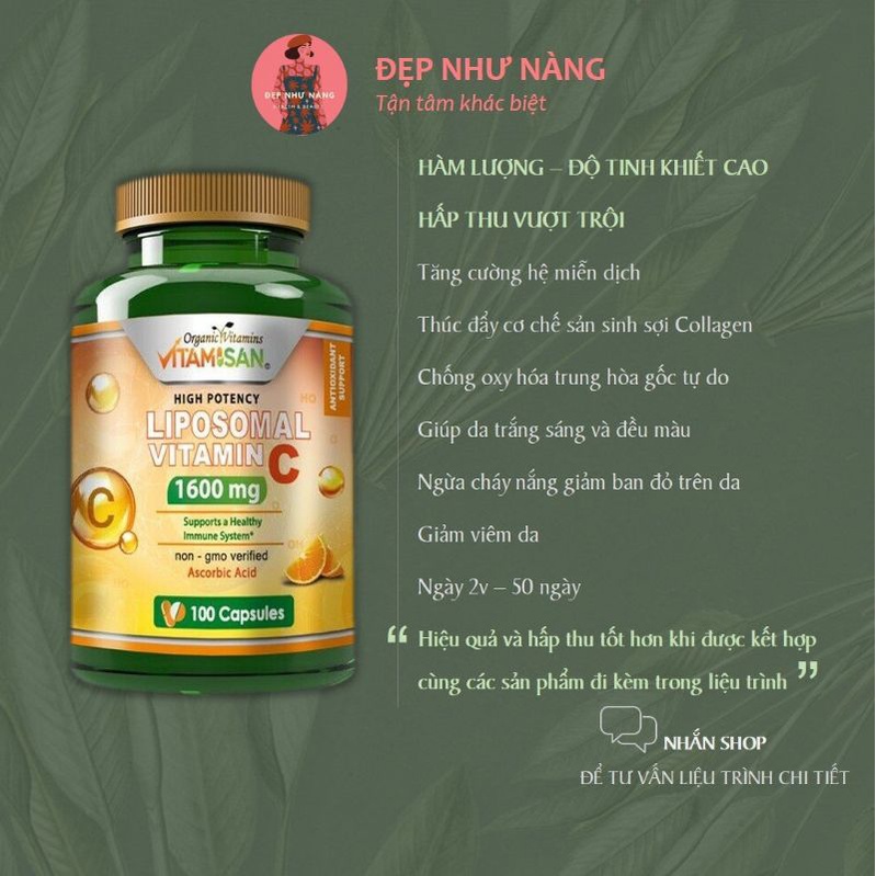 Viên Uống Bổ Sung Liposomal Vitamin C 1600mg Trắng Da, Chống Lão Hóa, Tăng Cường Miễn Dịch Organic Vitamisan 100v