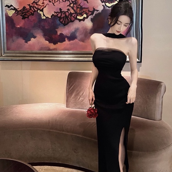 Đầm Dệt Kim Tay Dài Cổ Xẻ Tà Màu Đen Co Giãn Phong Cách Hàn Quốc Thời Trang Mùa Thu Quyến Rũ Cho Nữ