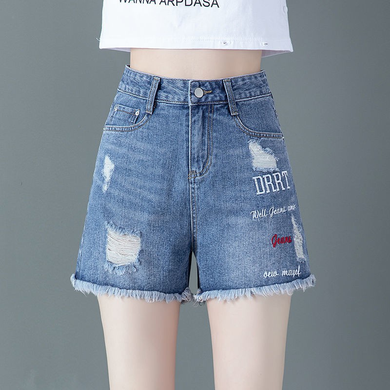 Quần jean✢Ripped quần short denim nữ kiểu mới hàn quốc ống rộng cạp cao rãi size lớn thêu thô cạnh hot