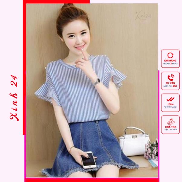 Áo Kiểu Nữ Tay Loe họa tiết kẻ sọc phong cách Hàn Quốc