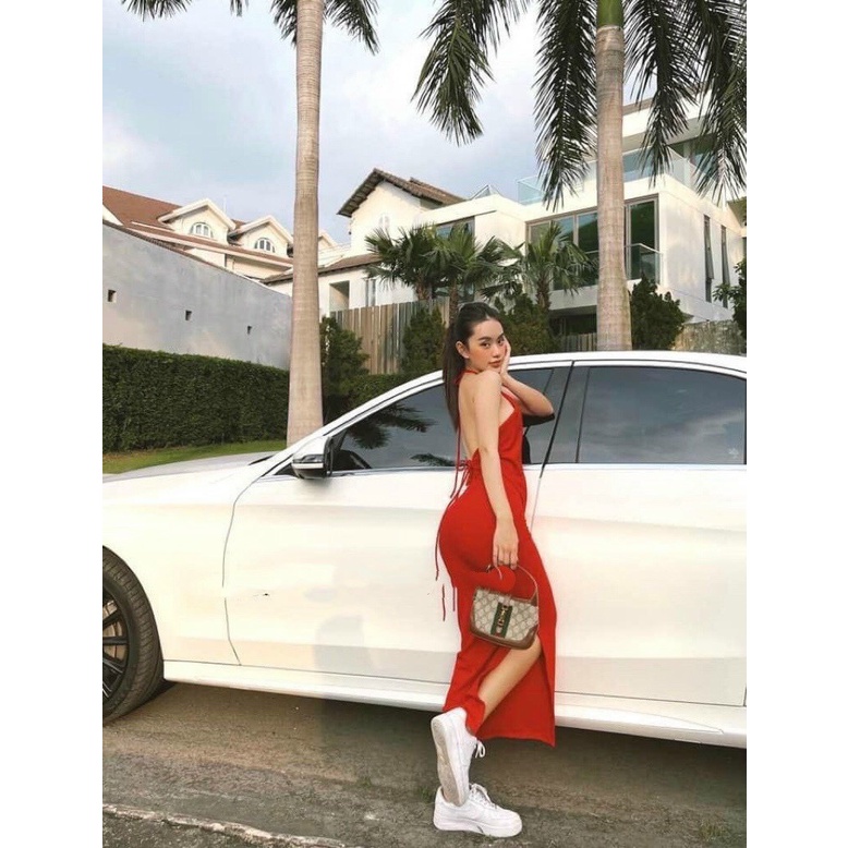 Đầm body dây kiểu yếm hở lưng maxi dáng dài xẻ tà bên sexy LY62
