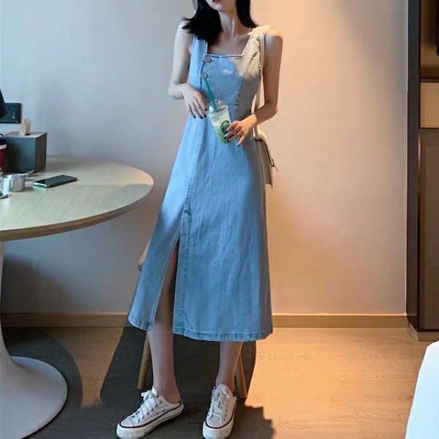 Yếm Đầm jean, bò dáng dài xẻ tà order (Có ảnh thật)