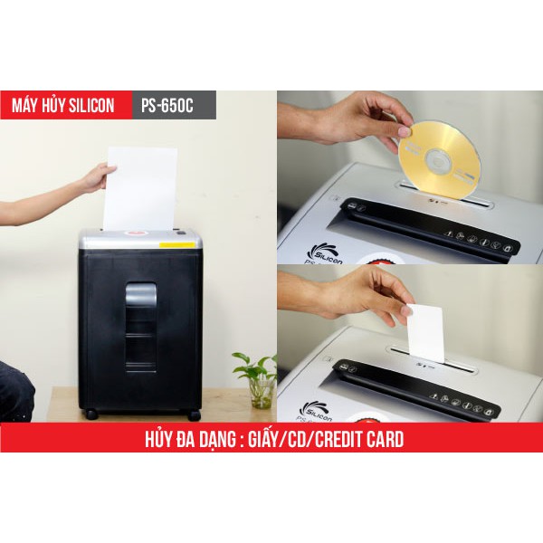 Máy hủy tài liệu 10-12 tờ A4 /lần nhập khẩu Silicon PS-650C, hủy giấy siêu vụn thùng giấy 21L chính hãng