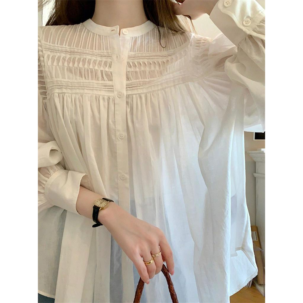 Áo Sơ Mi Trắng Tay Phồng Xếp Ly Kiểu Pháp Thời Trang Mùa Xuân Kiểu Mới 62686