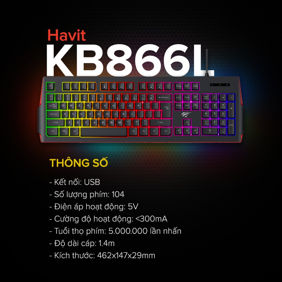 Bàn Phím Gaming Giả Cơ RGB HAVIT KB866L, 104 Keys, Thiết Kế Công Thái Học, Tổ Hợp Phím Fn - Chính Hãng BH 12 Tháng