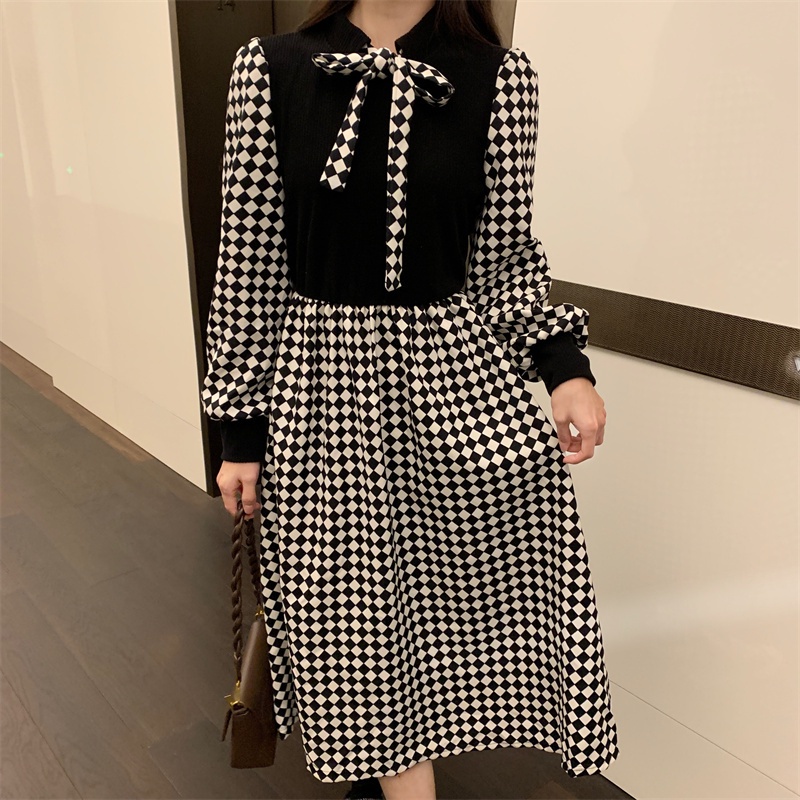 SUXI Đầm midi chữ A tay dài phong cách Hàn Quốc