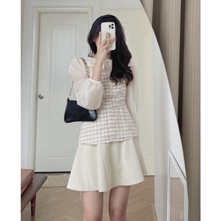 ❉✱(ảnh thật) Audrey Áo dạ tweed phối voan cổ sen