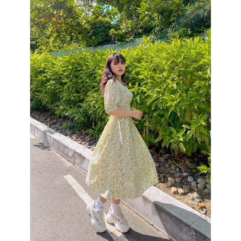 Váy babydoll  dáng dài, Đầm babydoll hoa nhí cổ vuông phong cách tiểu thư Ulzzang tay ngắn buộc nơ eo