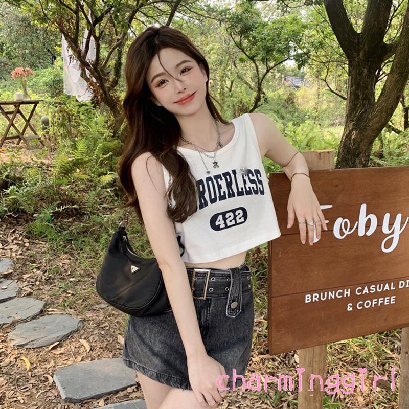 Áo Thun Sát Nách Dáng Rộng Cổ Tròn In Chữ Và Số Thời Trang Đường Phố Cho Nữ